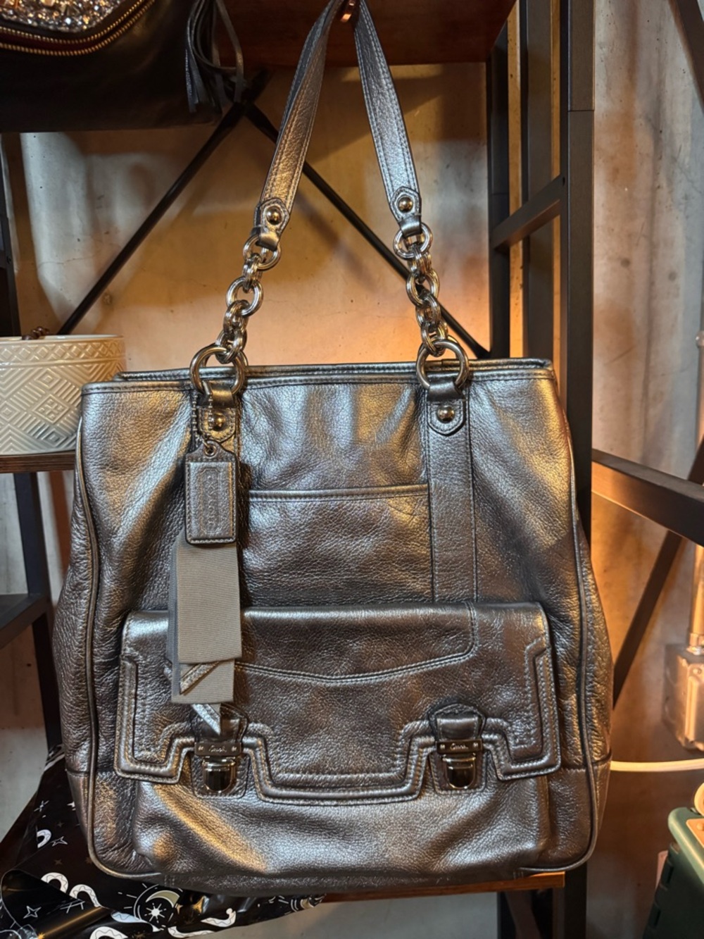 Coach 2011 Metallic Silver Leather Tote Bag with Front Flap Pocket! Rare!